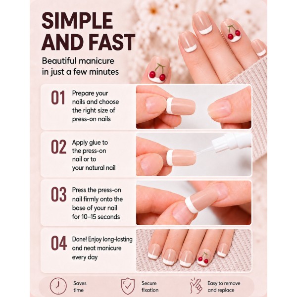 Nude French Tip Cherry Press‑On Nails, Short Square Cute Sweet False Nails